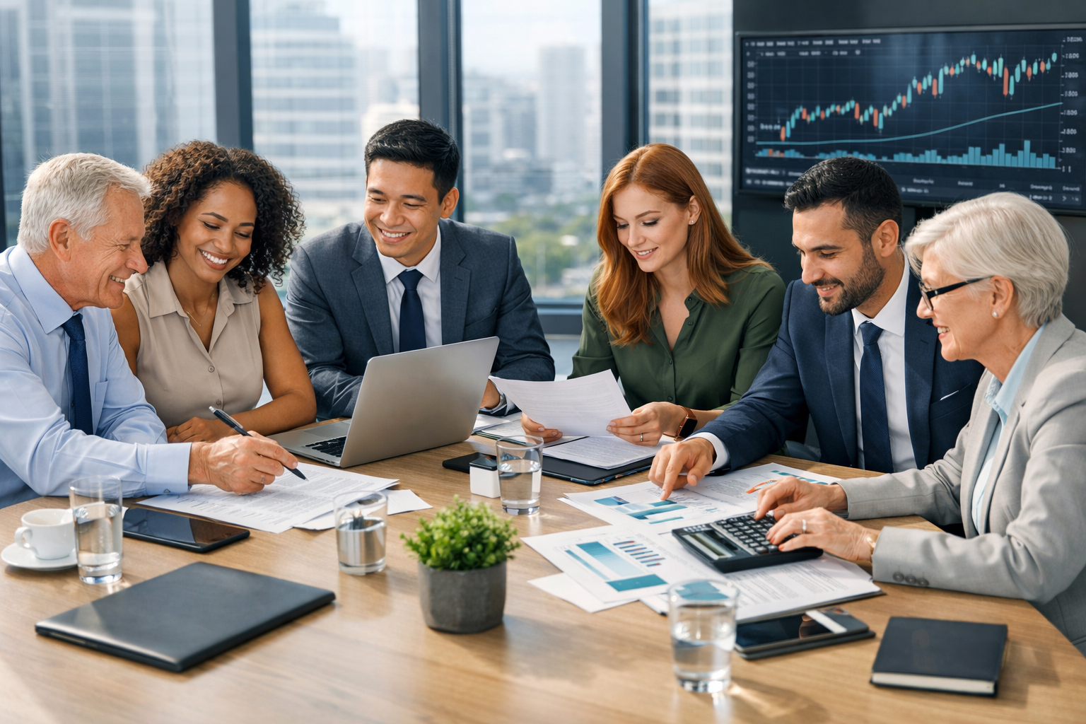 Diverse business team collaborating in a bright modern office professionals working together around a conference table banking and finance setting wid