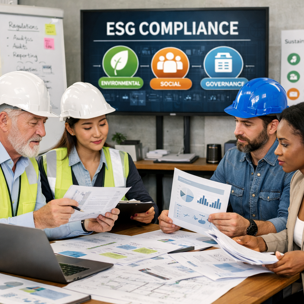 Infrastructure compliance team reviewing regulations and processes engineers with documents ESG compliance meeting