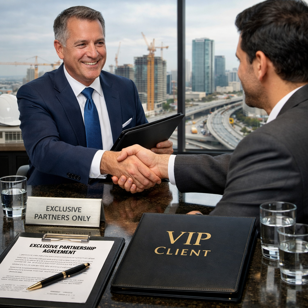 Infrastructure industry executive offering exclusive partnership deal VIP business handshake professional client exclusivity agreement signing