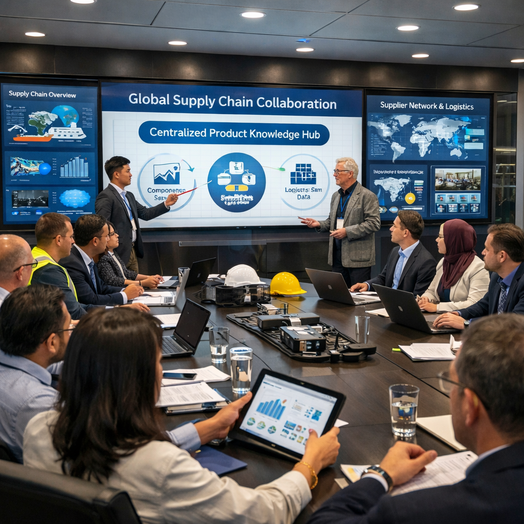 Infrastructure partners and suppliers sharing centralized product knowledge global supply chain meeting technical briefing room