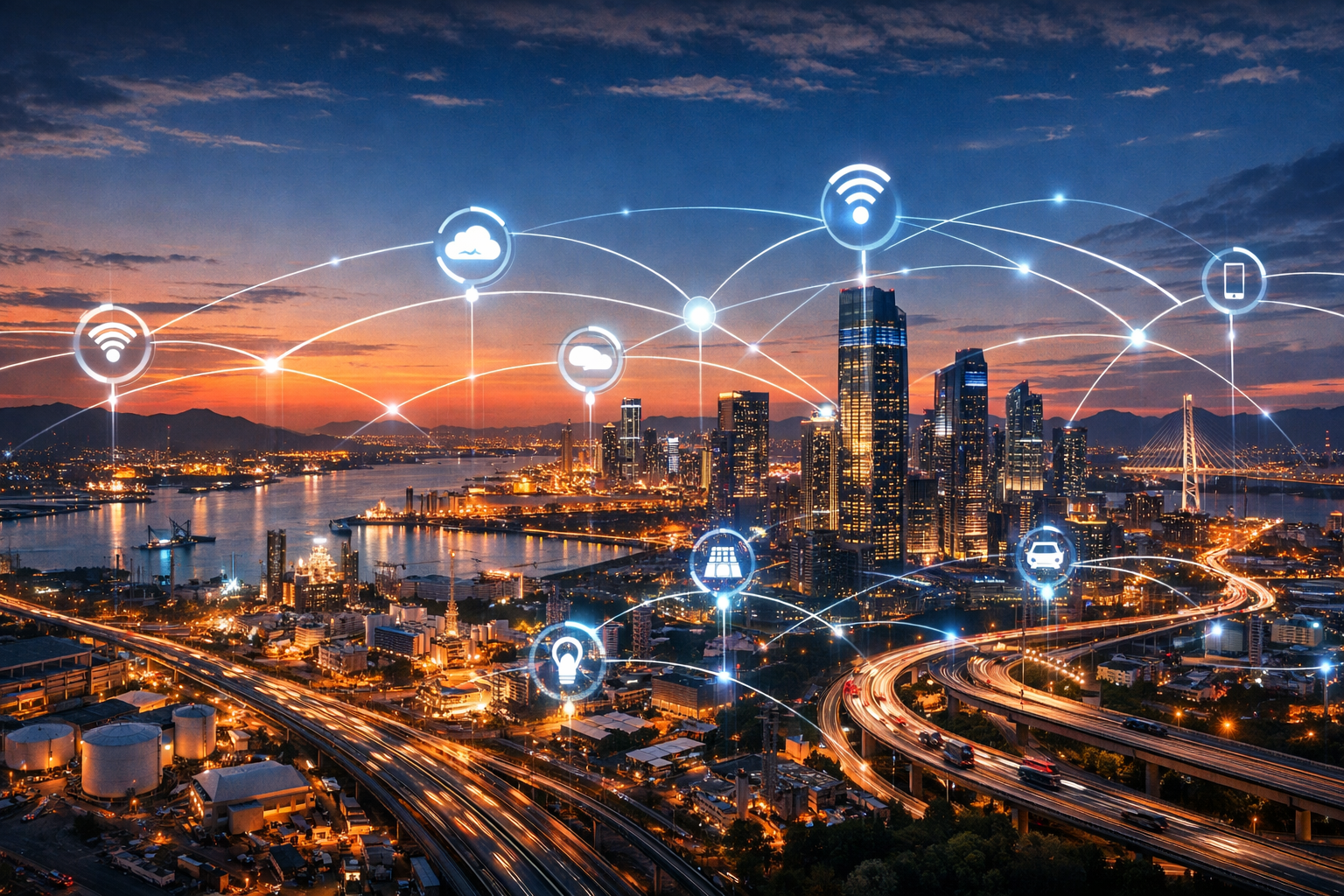 Modern infrastructure industry cityscape at dusk smart city networks connected technology professional panoramic banner background