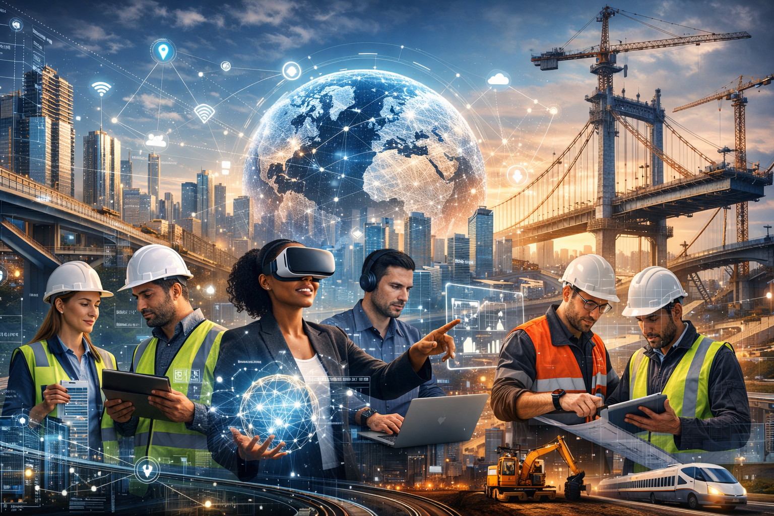Modern infrastructure industry panoramic banner smart city networks global teams working with technology bridges and construction with digital overlay