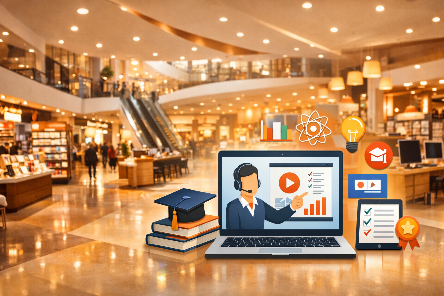 Modern retail industry panoramic background vibrant shopping center interior with warm lighting professional retail eLearning and training concept wid Modern retail industry panoramic background vibrant shopping center interior with warm lighting professional retail eLearning and training concept wid