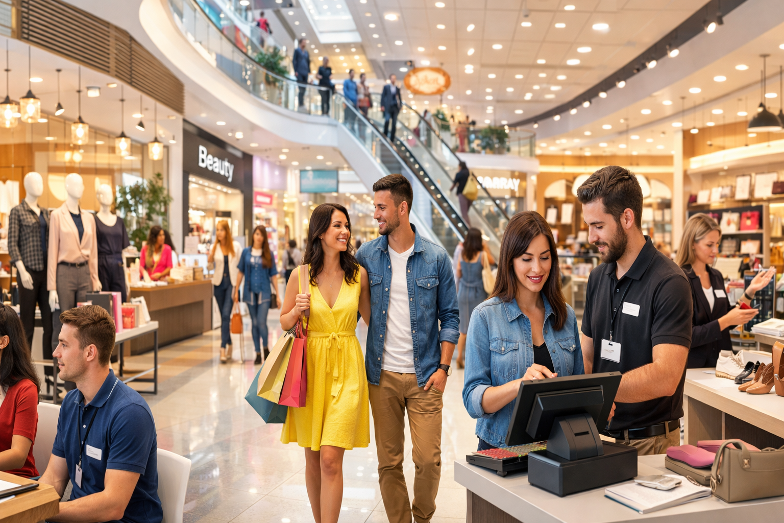 Modern retail industry panoramic banner bright shopping mall interior with customers professional retail training environment vibrant store setting Modern retail industry panoramic banner bright shopping mall interior with customers professional retail training environment vibrant store setting