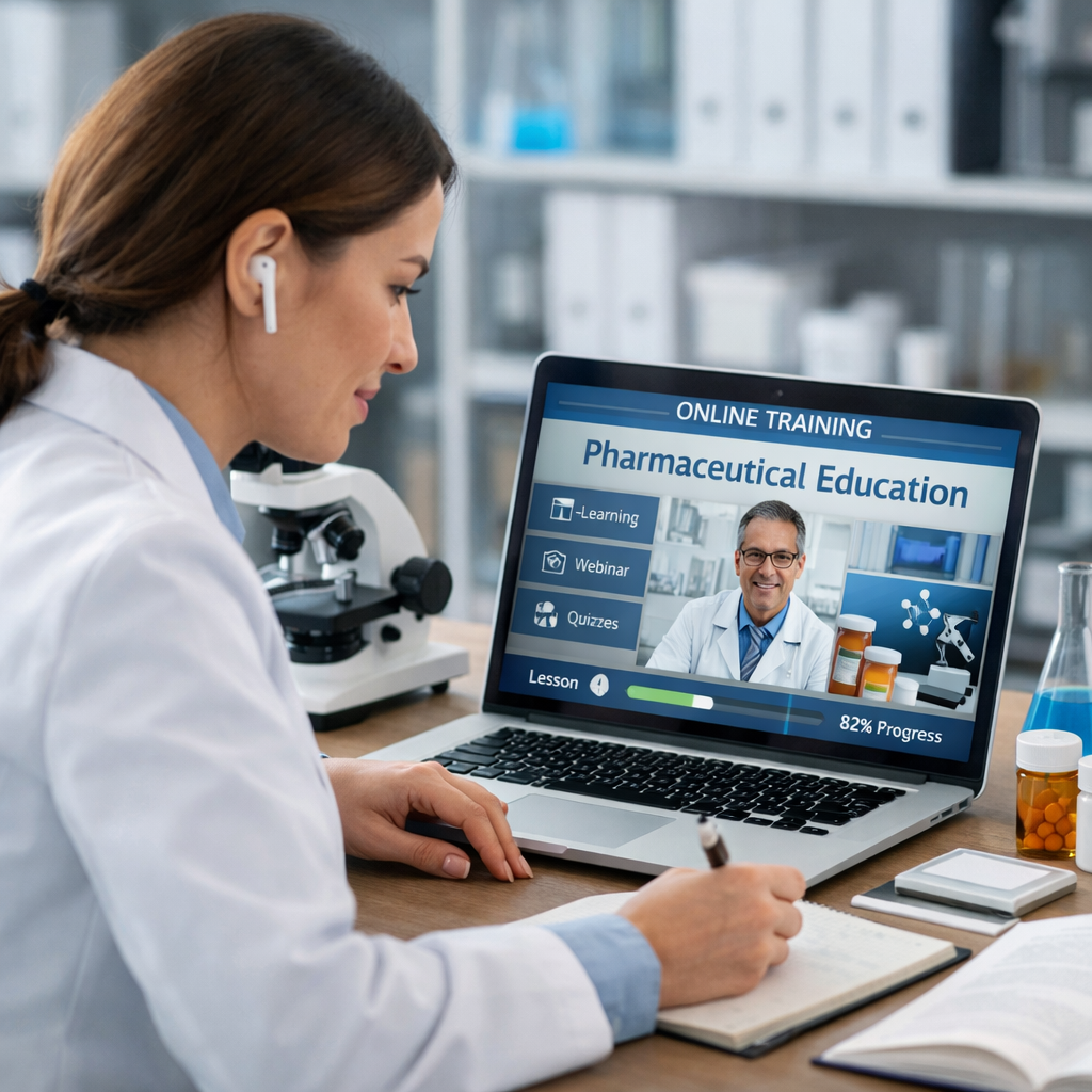 Pharma professional engaged in online training and lifelong learning eLearning on tablet or laptop pharmaceutical education Pharma professional engaged in online training and lifelong learning eLearning on tablet or laptop pharmaceutical education