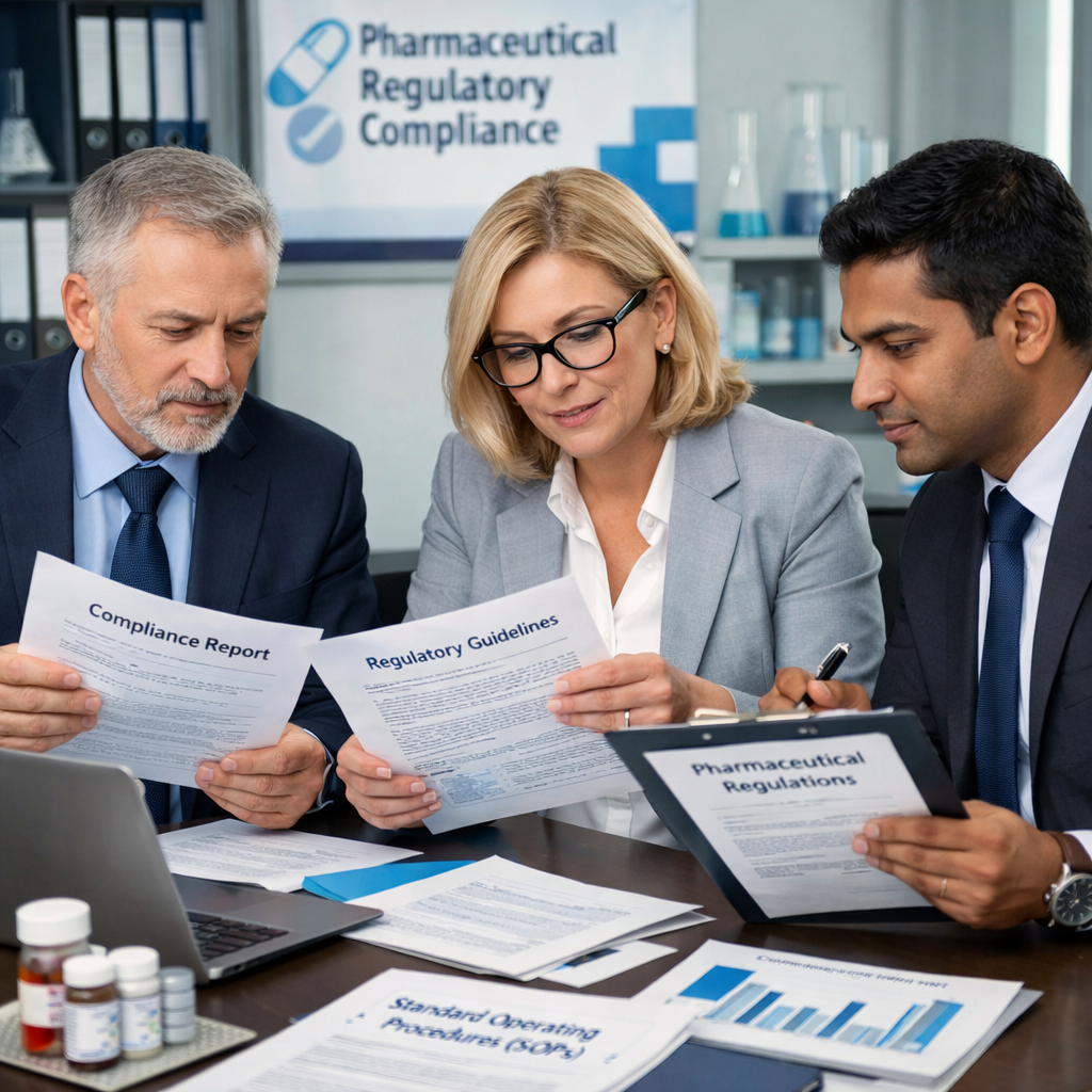 Pharmaceutical regulatory compliance business professionals reviewing compliance documents pharmaceutical regulations and standards professional offic