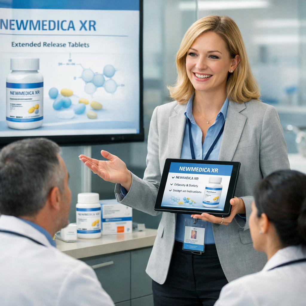 Pharmaceutical sales representative with tablet presenting drug product information to doctors medical product knowledge training modern healthcare se Pharmaceutical sales representative with tablet presenting drug product information to doctors medical product knowledge training modern healthcare se