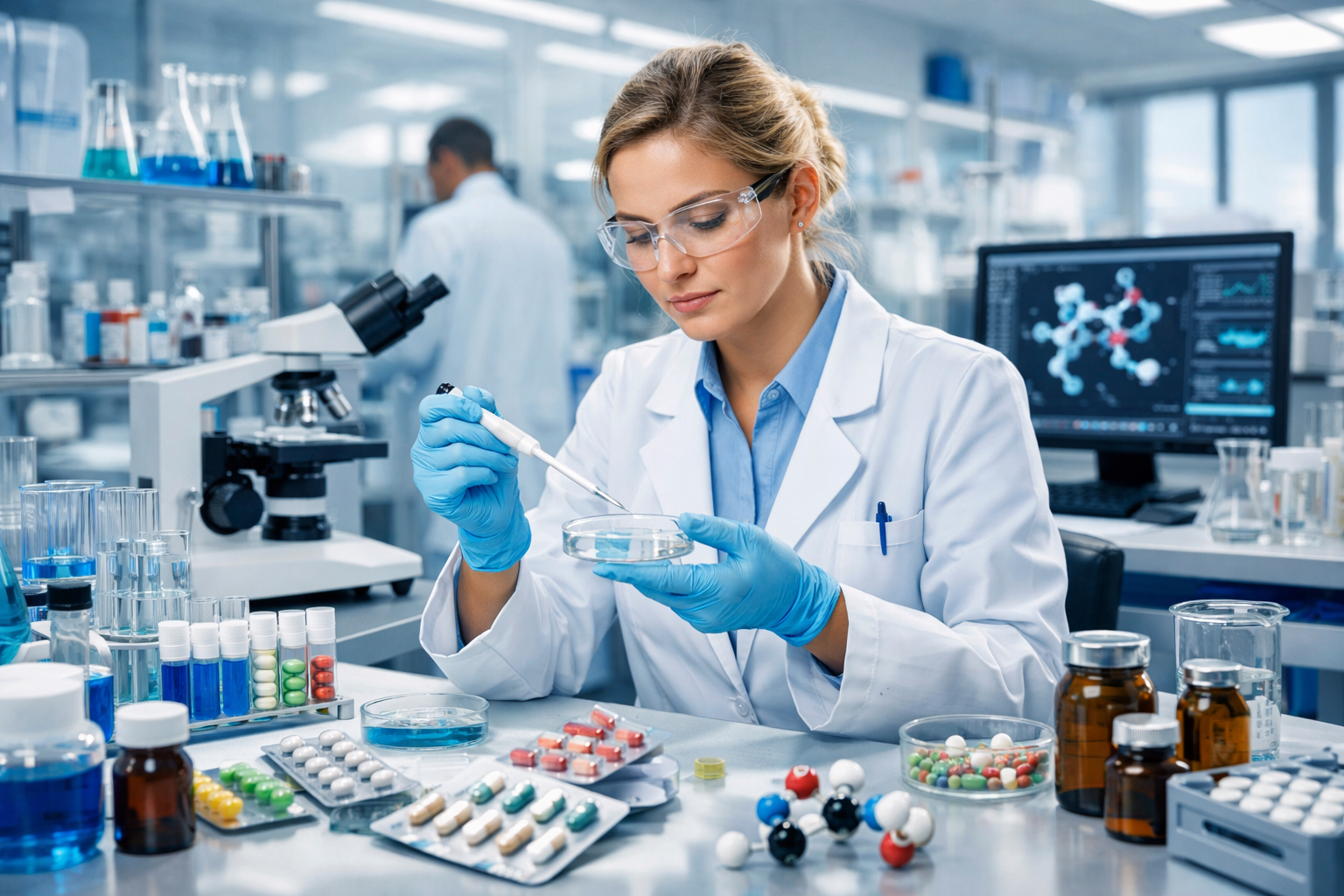 Pharmaceutical scientist in a modern laboratory drug research and development pills and medical equipment professional healthcare environment wide lan Pharmaceutical scientist in a modern laboratory drug research and development pills and medical equipment professional healthcare environment wide lan