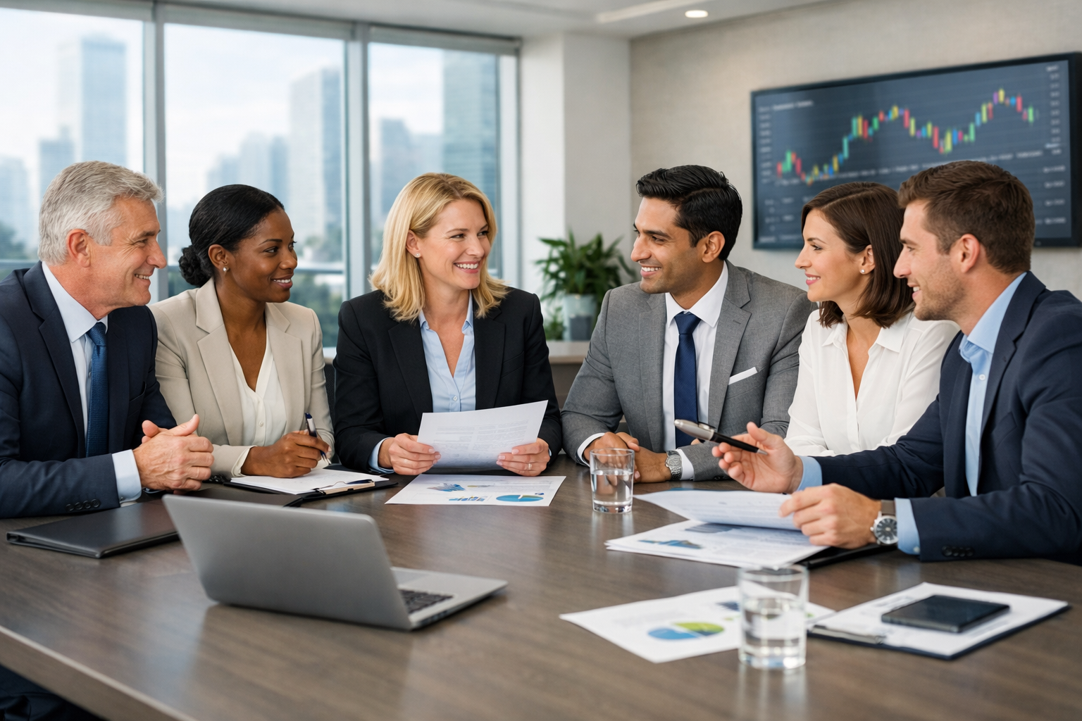 Professional corporate team of diverse colleagues discussing work around a modern conference table in a bright banking or financial institution office