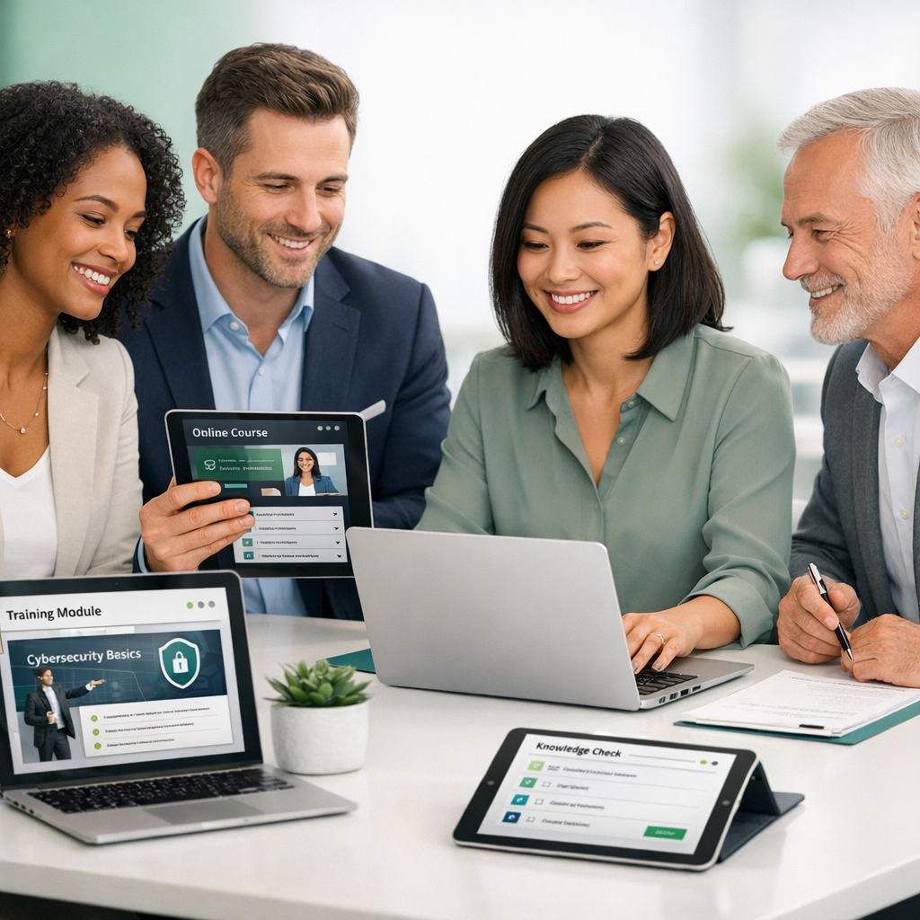 Professional elegant photo of a diverse team of eLearning professionals collaborating around a modern digital workspace with laptops and tablets showi