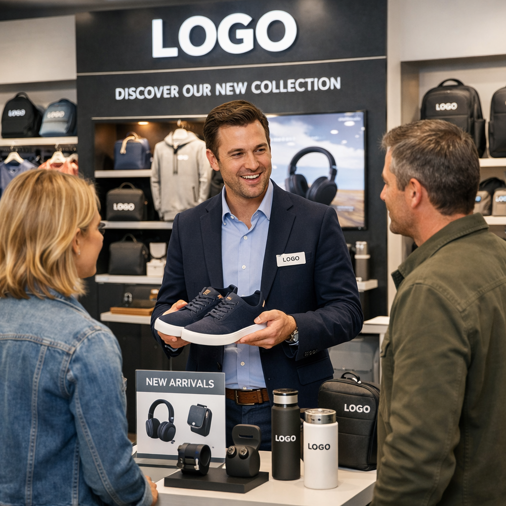 Retail brand awareness campaign sales representative presenting new products to customers modern store display with branded merchandise professional r