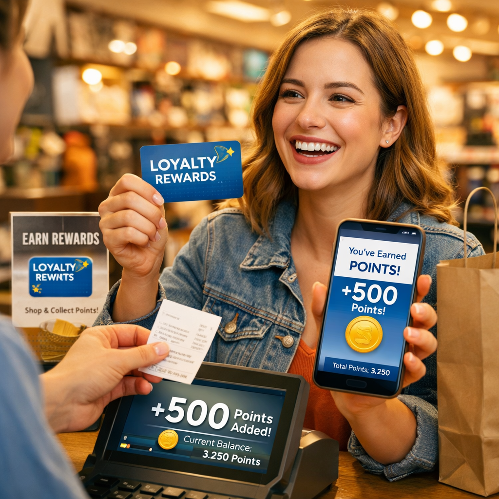 Retail customer loyalty program happy customer receiving reward points at checkout loyalty card and smartphone app warm store environment Retail customer loyalty program happy customer receiving reward points at checkout loyalty card and smartphone app warm store environment