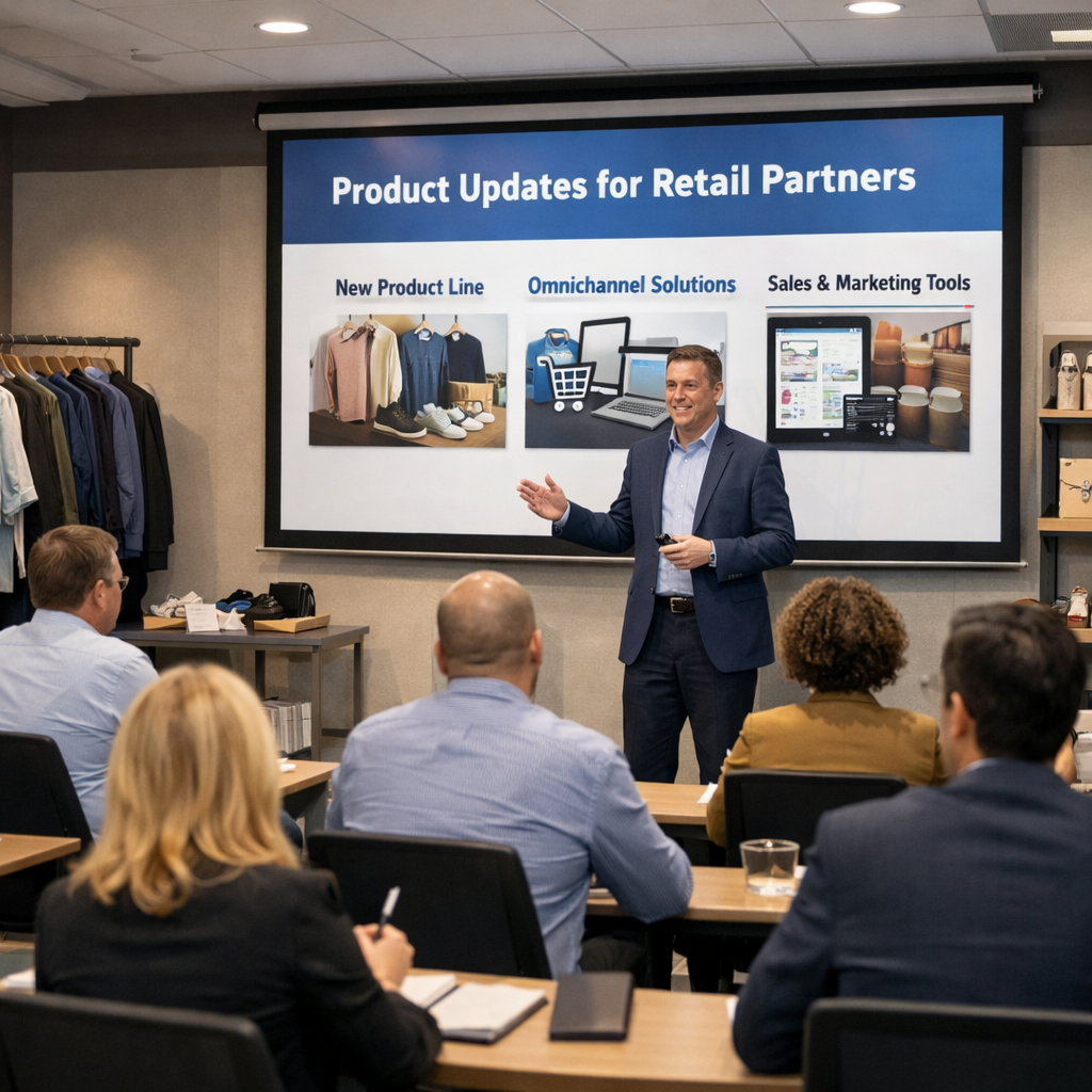 Retail partner education session professional presenter sharing product updates with external partners modern conference room retail industry training Retail partner education session professional presenter sharing product updates with external partners modern conference room retail industry training