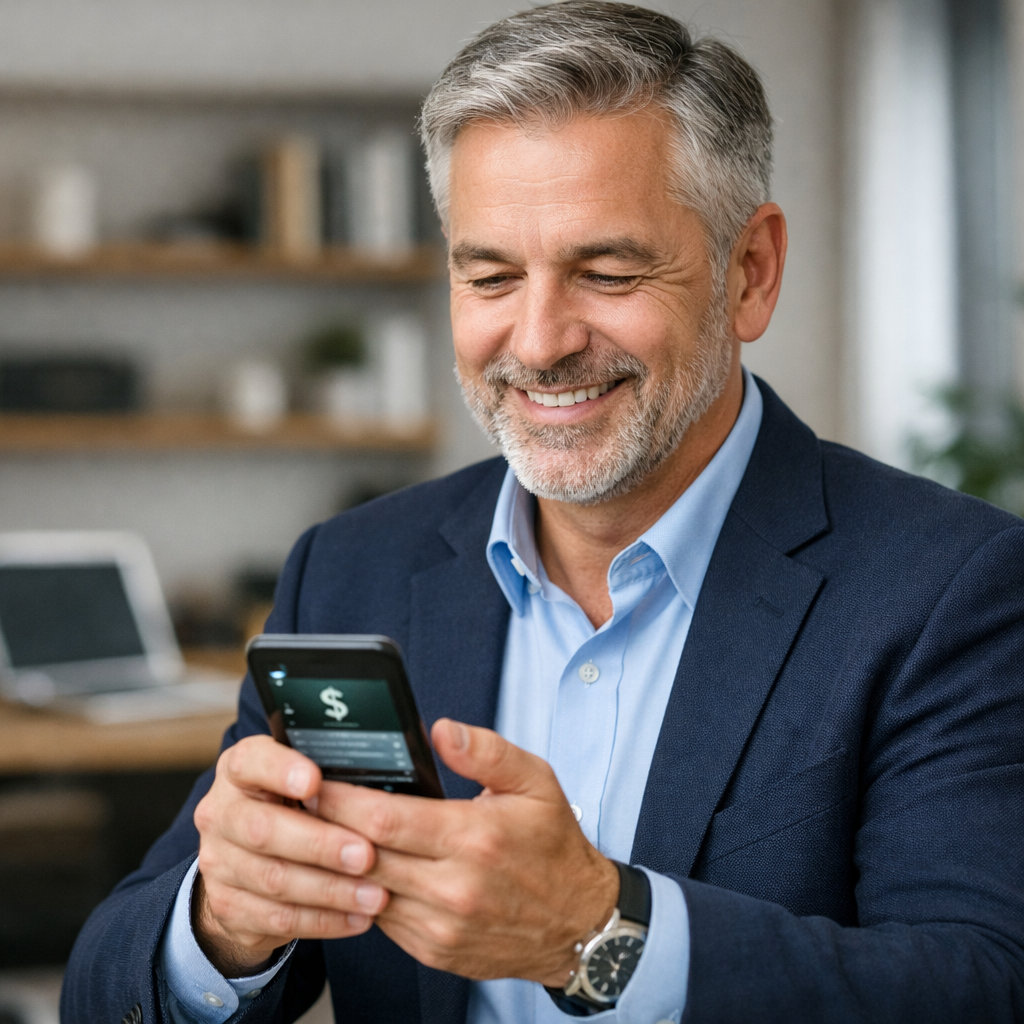 Smiling mature grayhaired man in his 50s using a smartphone for mobile banking Professional appearance modern office or home background Photorealistic