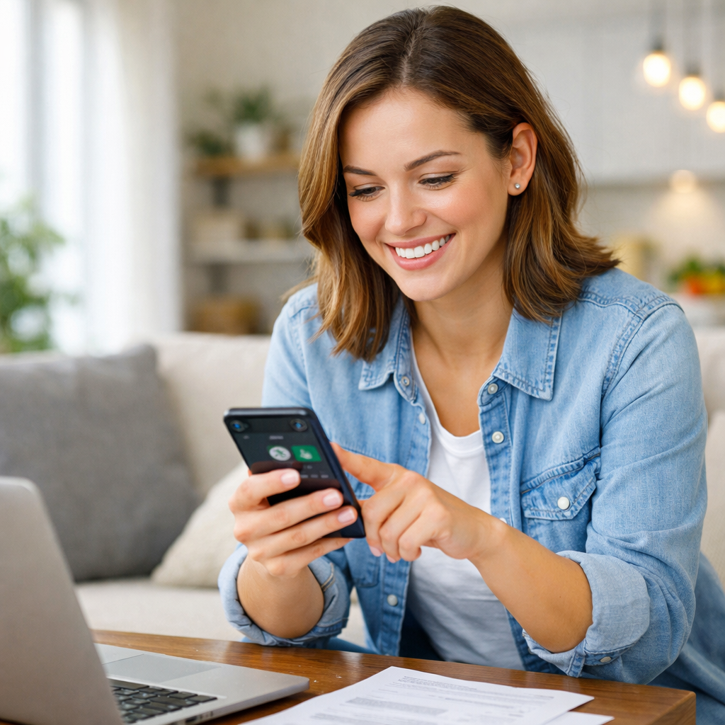 Young smiling woman using a smartphone for mobile banking app paying bills or checking account balance Bright modern home setting Photorealistic stock Young smiling woman using a smartphone for mobile banking app paying bills or checking account balance Bright modern home setting Photorealistic stock