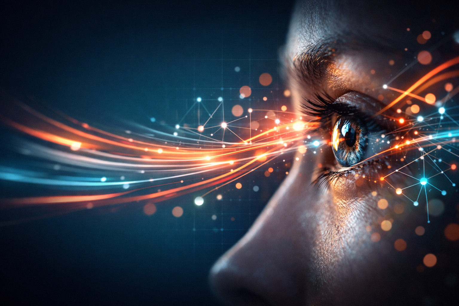 Abstract illustration of a human eye surrounded by streams of colored light and neural-network lines, representing AI reinventing visual learning
