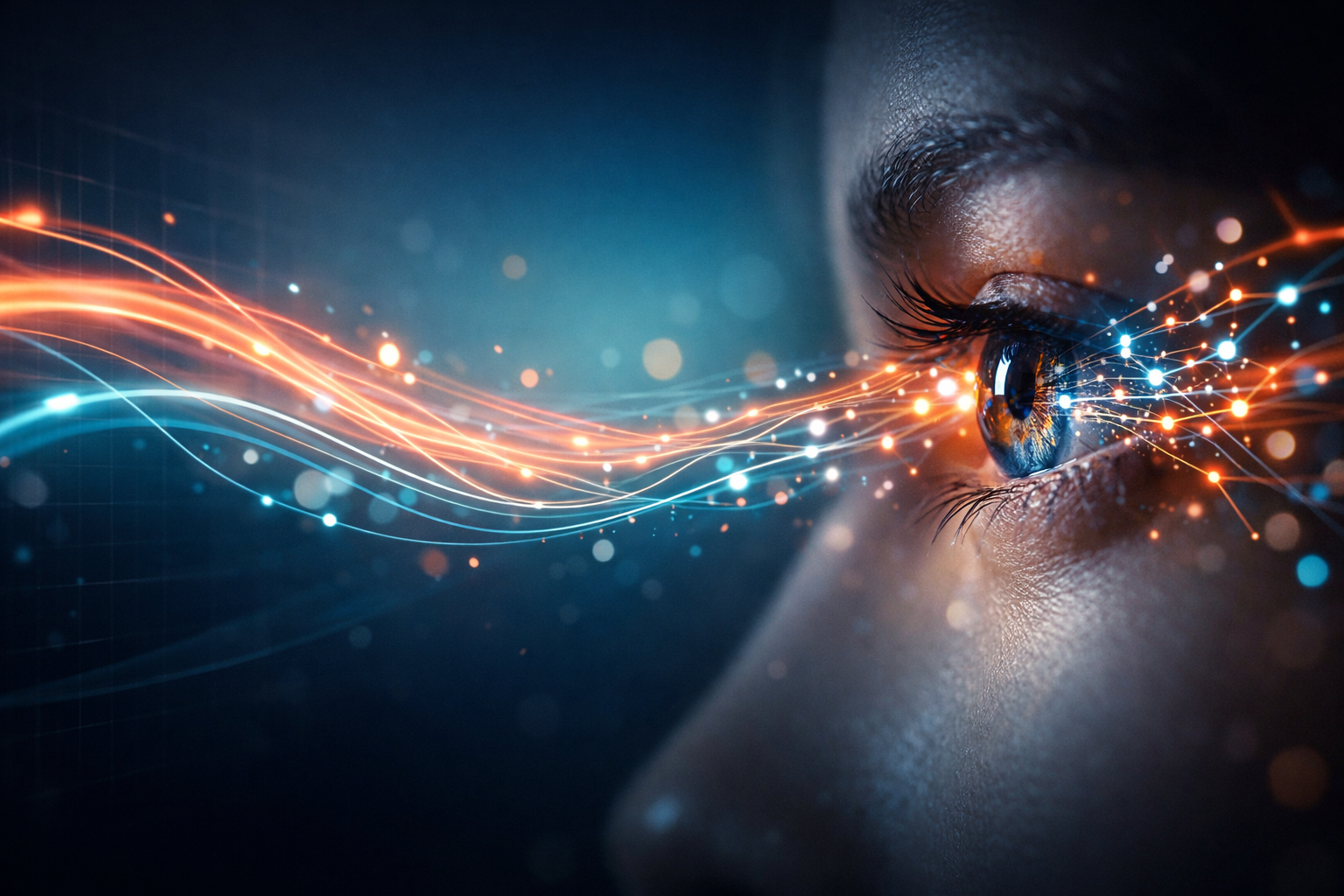Ilustración abstracta de un ojo humano rodeado de haces de luz de colores y líneas de redes neuronales, representando cómo la IA está reinventando el aprendizaje visual
