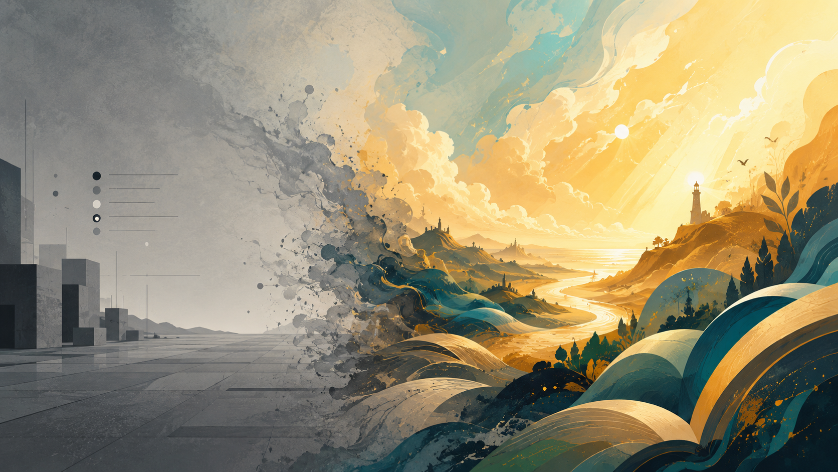Ilustración de un paisaje corporativo que se transforma de un gris monocromático a la izquierda a un mundo dorado y lleno de historia a la derecha