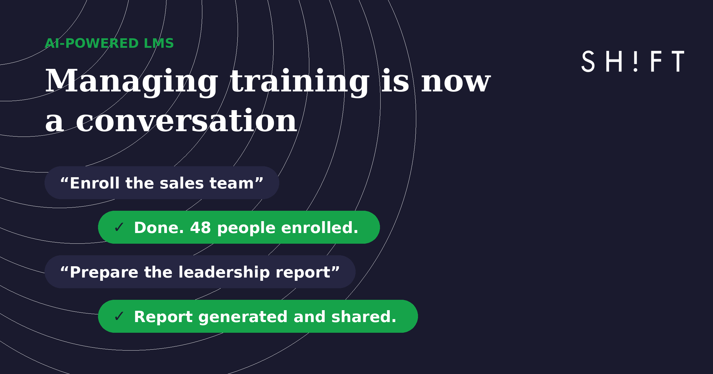 Chat conversation with an LMS AI assistant that enrolls people and generates reports instantly