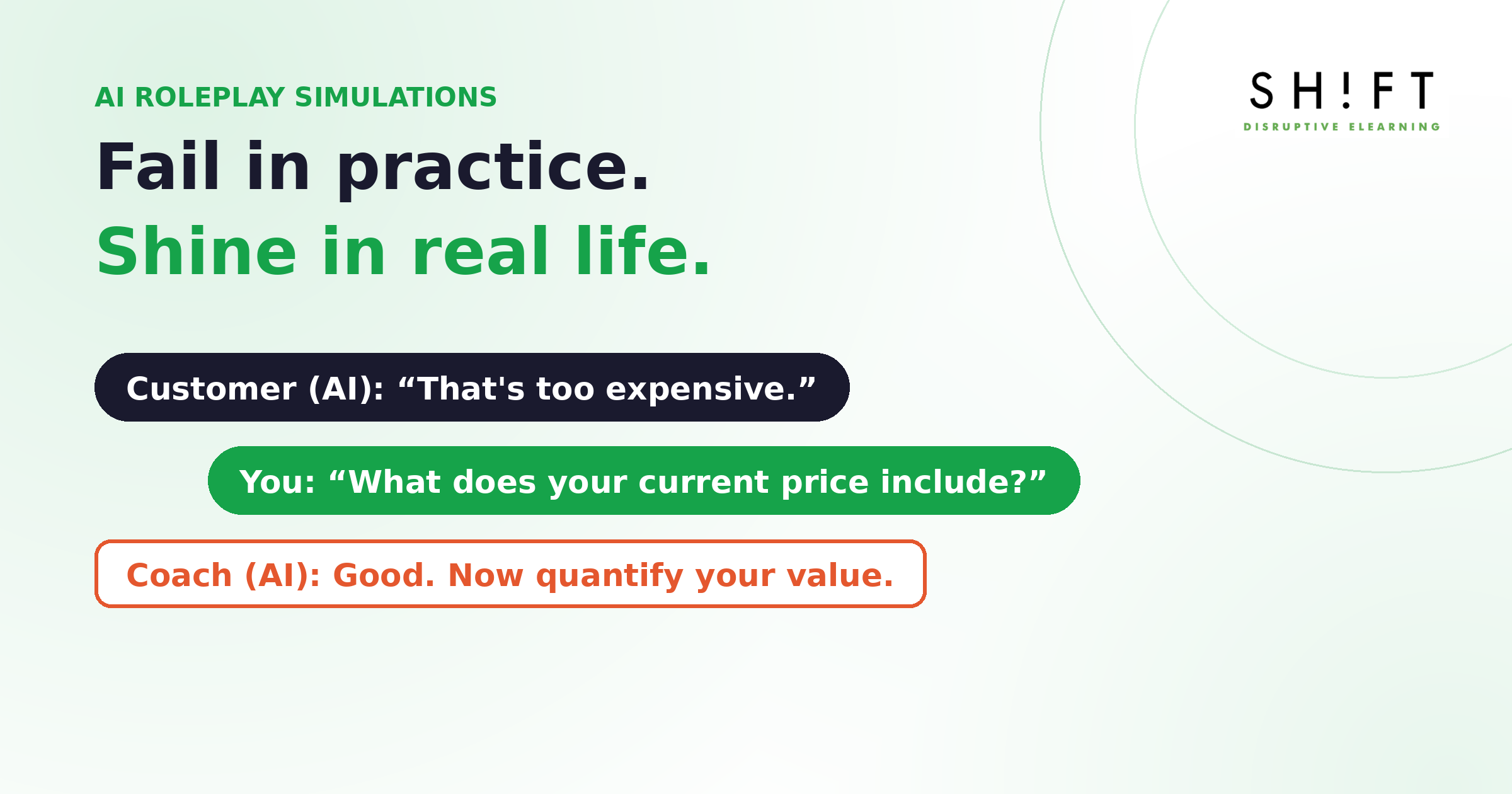 AI roleplay practice chat: the simulated customer objects to price, the seller responds, the coach gives feedback