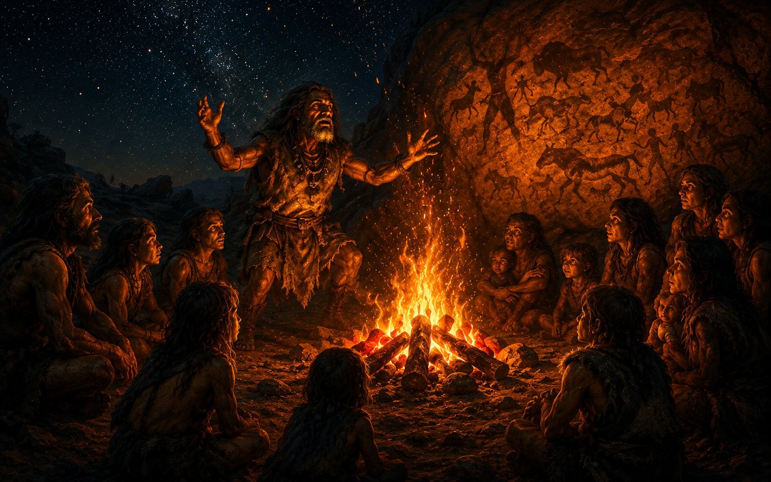 A storyteller beside a bonfire, listeners gathered in a circle