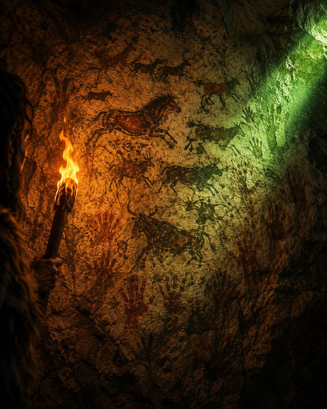 Ancient cave paintings lit by torchlight