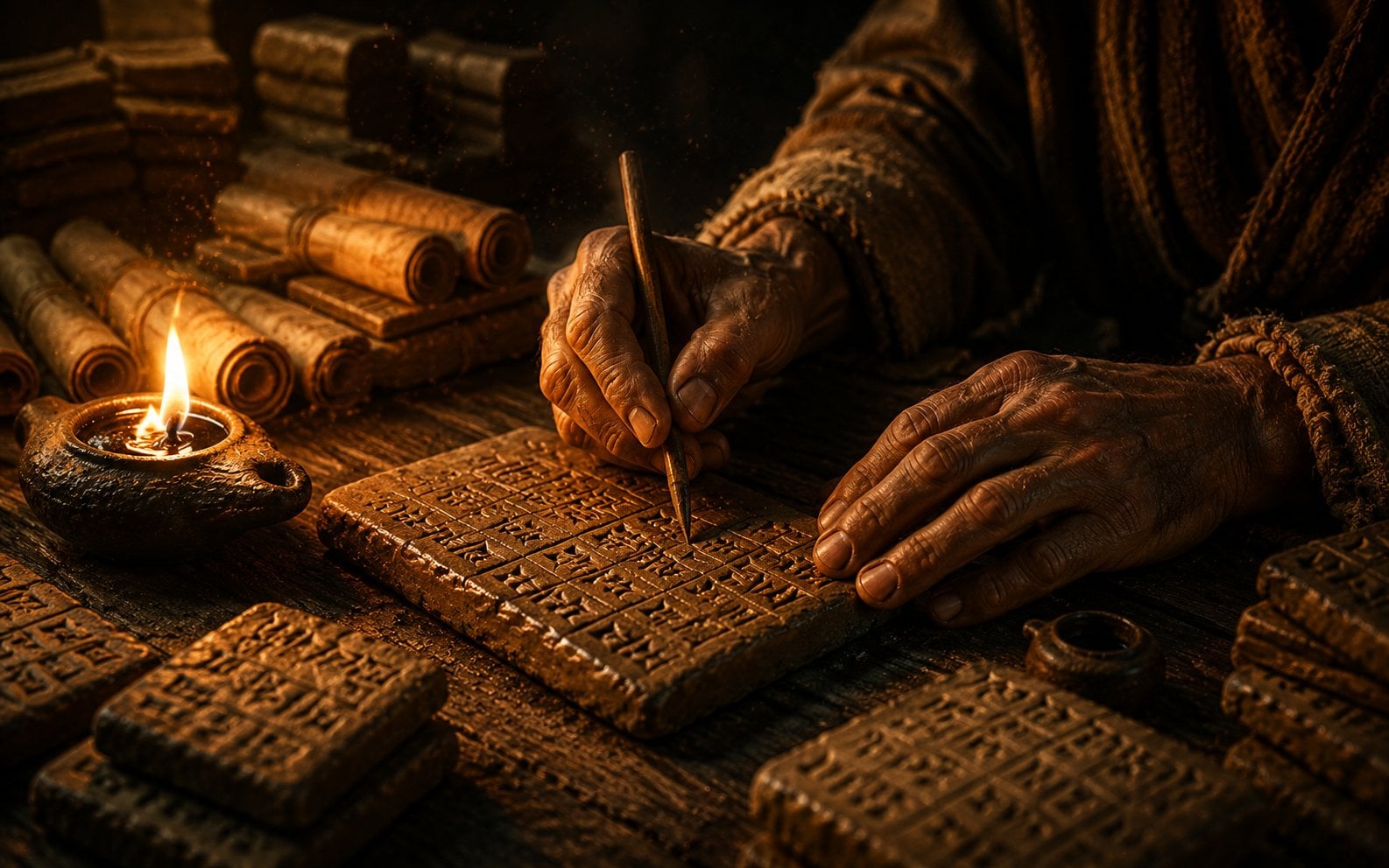 Hands pressing marks into a clay tablet by lamplight