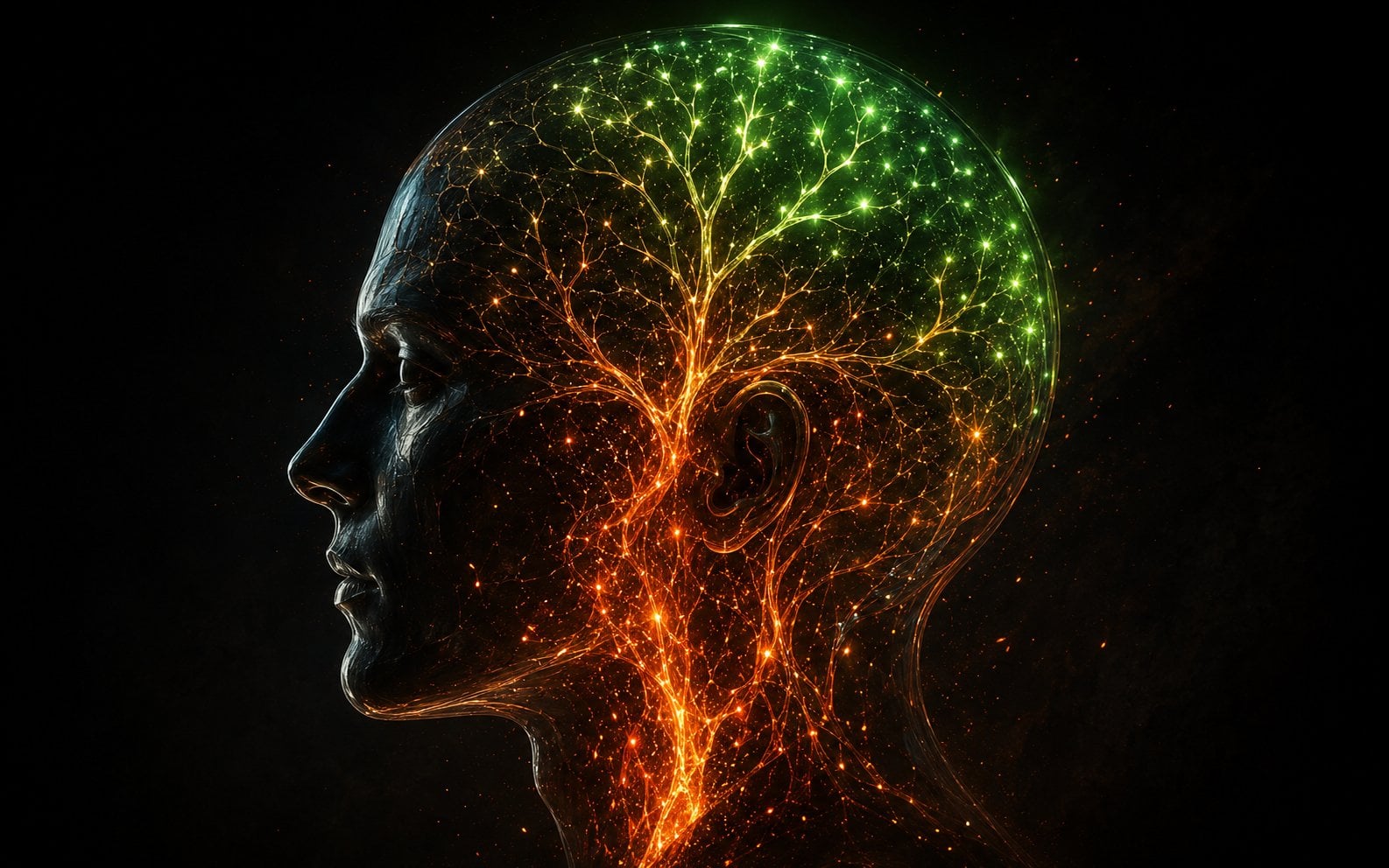 A profile silhouette with neural pathways glowing like embers