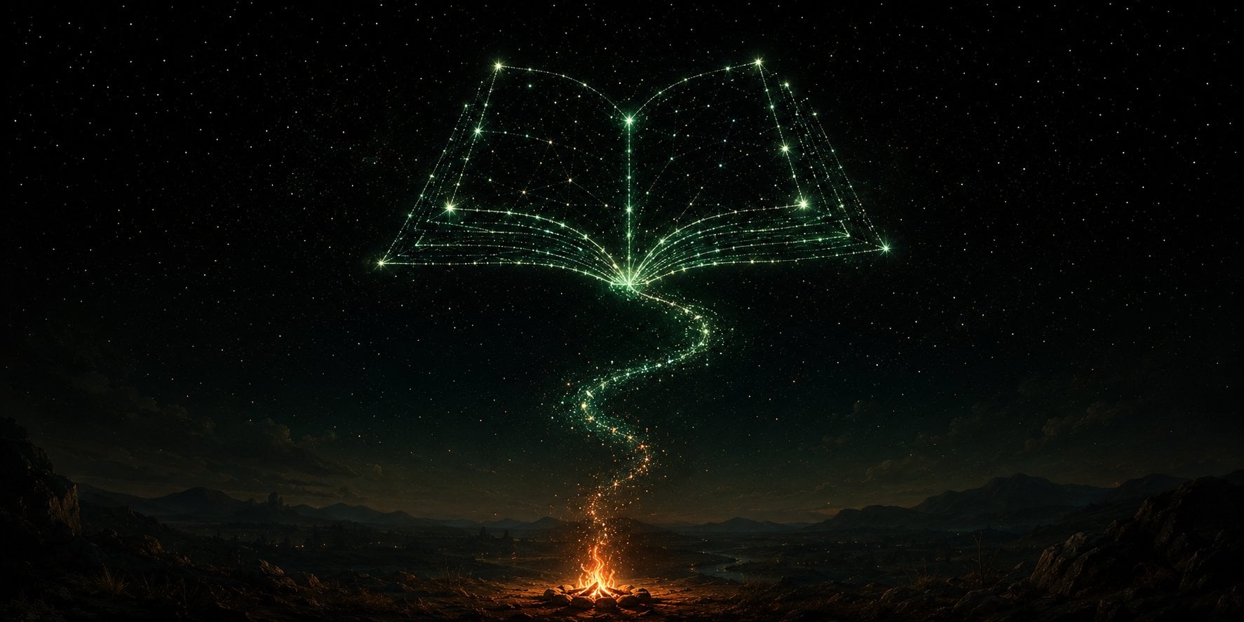 An ember rising into a constellation forming an open book
