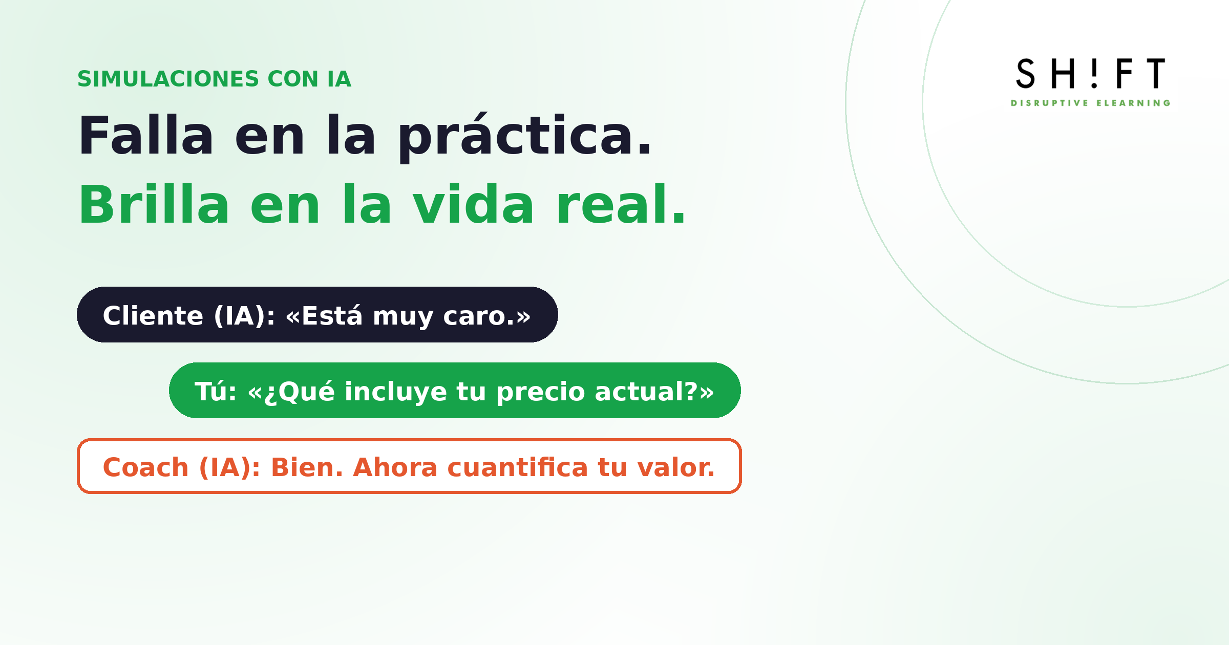 Práctica de roleplay con IA: el cliente simulado objeta el precio, el vendedor responde y el coach da feedback